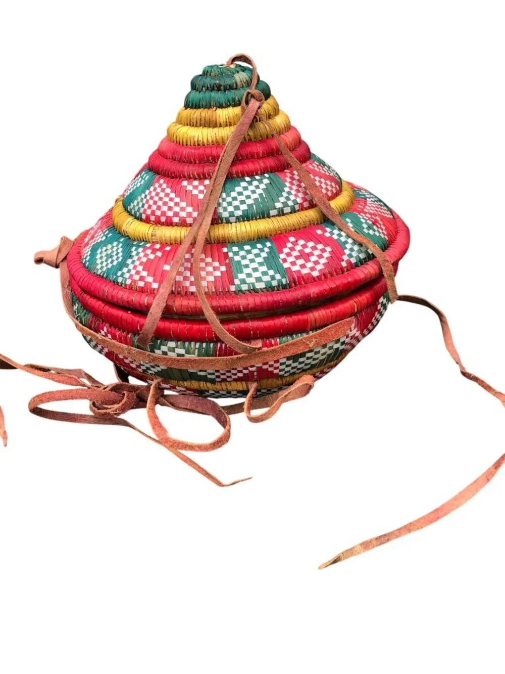 Ethiopian Handwoven Multi-Color Coiled Basket Lid Leather Straps Traditional Des